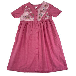 Go Softly Patio Dress L Pink Floral Full Button Smock Neck Mumu Embroidered